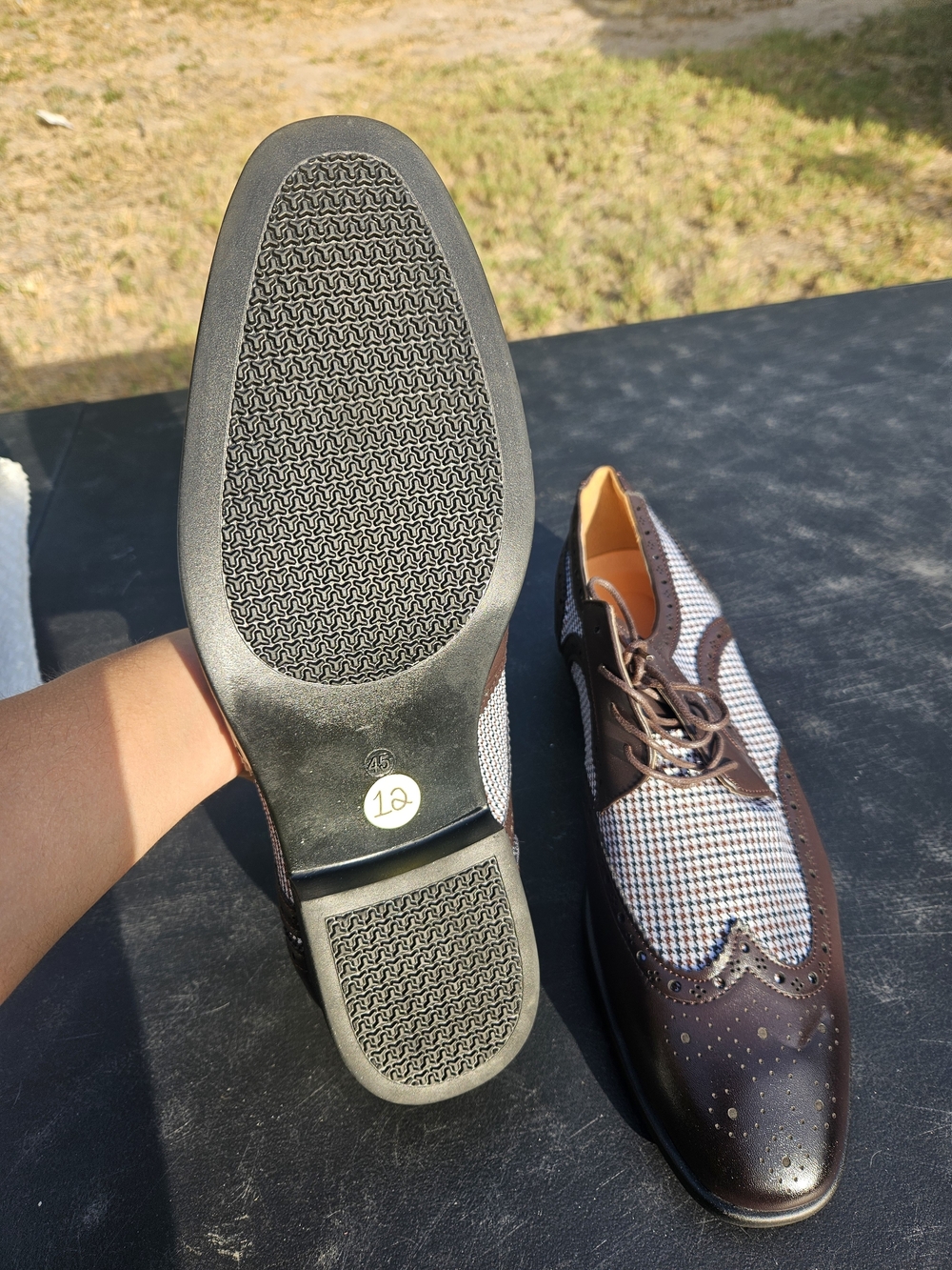 Men's Brown Wingtip Dress Shoes with Houndstooth Accent
